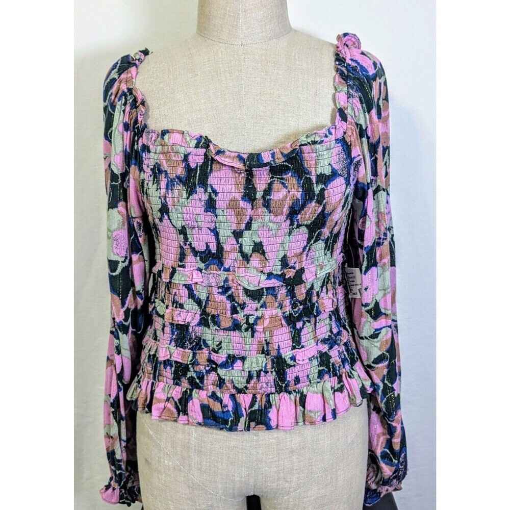 Sam Edelman Smocked Floral Cropped Peplum Top XL NWT Long Sleeve